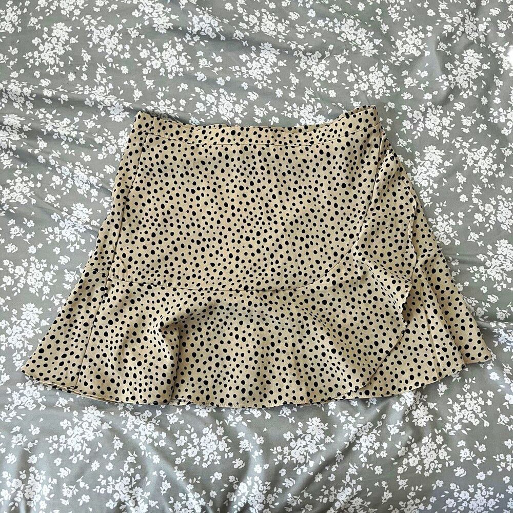 francesca's Women’s L Ivory/Black Polka Dot Mini Skirt Ruffle Lined Zip
